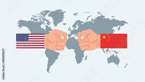 Global rivalry concept: usa and china fists on world map illustrating geopolitical tension