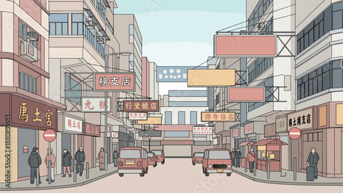 Bustling urban street scene with vintage architecture and signage in pastel tones