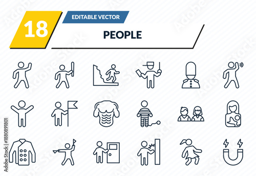people icons set - dancing man, man attacking, waves danger, woman covering, electromagnet outline vector collection.