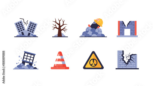 Disaster icons set: building, tree, helmet, barrier, warning sign, wall in destruction and recovery themes