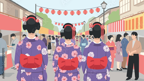 Traditional japanese festival with geisha walking through lively street market