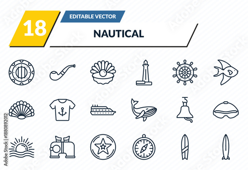 nautical icons set - submarine window, pipe, pearl, suroard, one suroard outline vector collection.