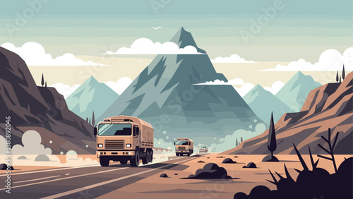 Mountain road adventure with trucks in scenic landscape
