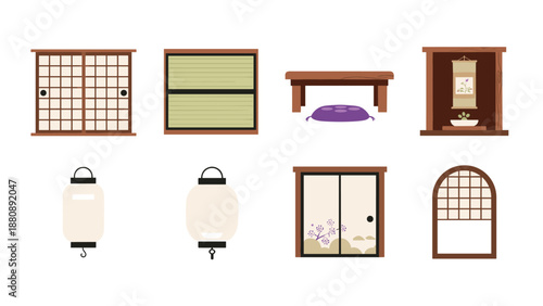 Traditional japanese interior elements: doors, lanterns, and decor in flat style