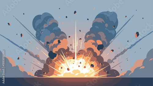 Dynamic flat style explosion with smoke and debris against blue sky background