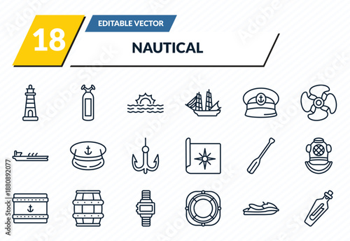 nautical icons set - lighthouse, oxygen tank, sea, facing right, message in a bottle outline vector collection.