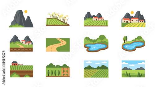 Charming flat style landscape collection with rural scenery elements