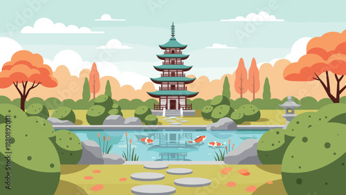 Tranquil japanese garden with pagoda reflection in autumn setting