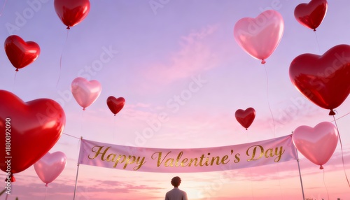 Celebratory Valentine's Day Balloon Arch with Pink Sunset Sky