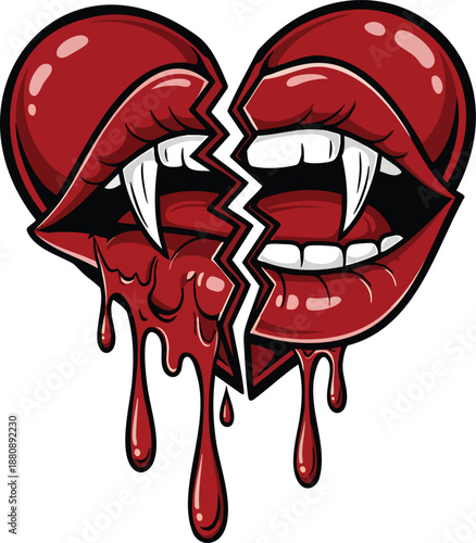 Gothic broken heart with vampire fangs illustration symbolizing a painful breakup Vector