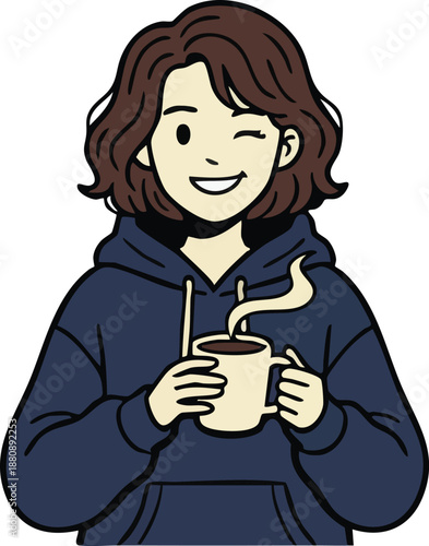 Cheerful cartoon character winking and enjoying a warm drink in a cozy hoodie Vector