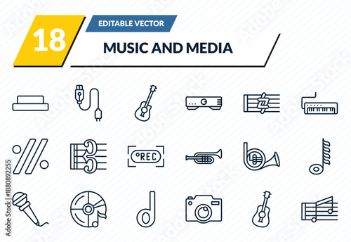 music and media icons set - half rest, charging plug, acoustic, ukelele, beam outline vector collection.