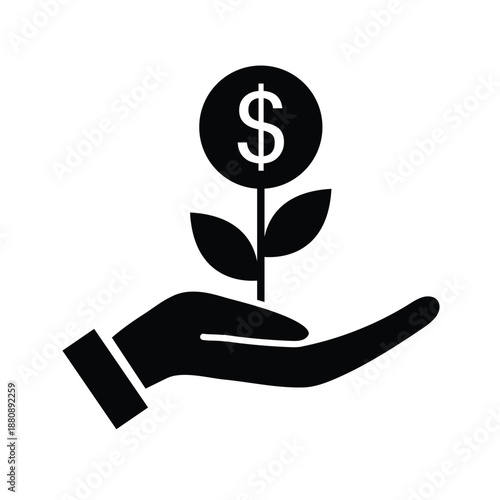 Solid vector icon of a hand holding a growing plant with a dollar coin. Concept of wealth growth, business profit, financial investment, and savings isolated on white background. Financial Growth Icon