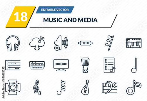 music and media icons set - music player headphones, downloaded music cloud, low volume speaker, bass clef, flat outline vector collection.