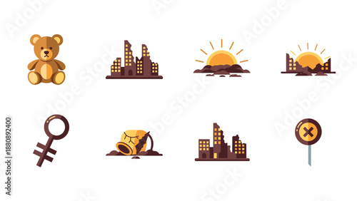 Urban decay icons with flat design and teddy bear