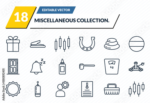 miscellaneous collection. icons set - wrapped gift, puncher, candlestick, cleaning brush, candlesticks outline vector collection.