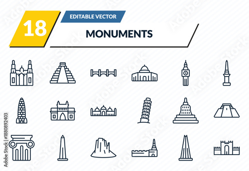 monuments icons set - cathedral, maya pyramid, bridge of the west, the, medieval walls in avila outline vector collection.