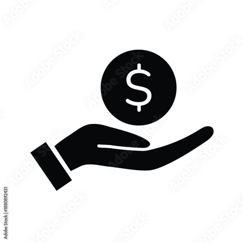 Solid vector icon of a hand holding a dollar coin. Concept of payment, financial help, savings, investment, and salary isolated on white background. Money in Hand Icon. Financial Payment and Wealth 
