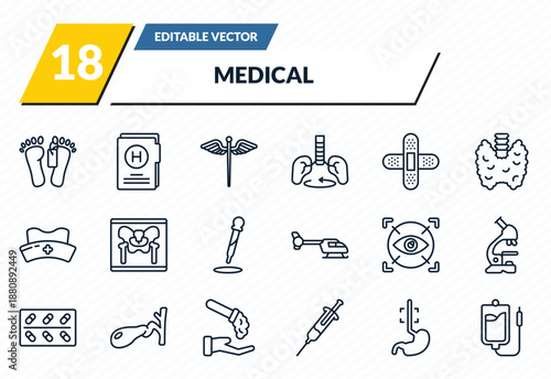 medical icons set - dead, medical results folders, caduceus, esophagus, perfusion outline vector collection.
