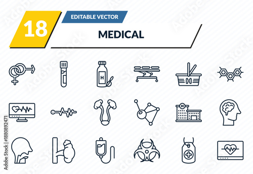 medical icons set - united heterosexual, blood analysis, syrup medicine bottle, tag with a cross, heart rate monitor outline vector collection.