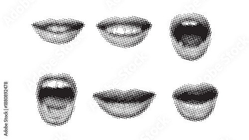 Halftone art collage cut outs set. Vector set with mouth.