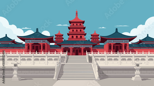 Traditional asian temple with courtyard in flat design style under clear blue sky
