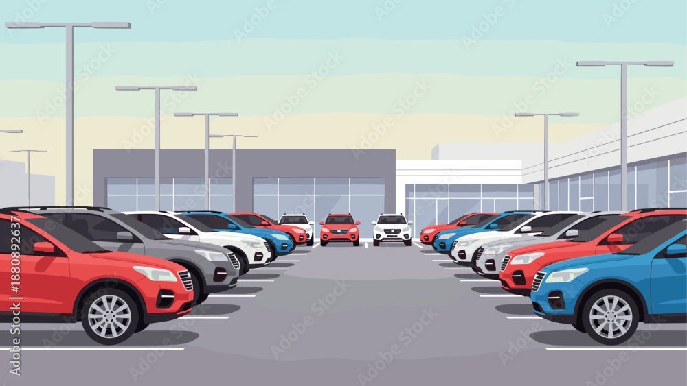Fototapeta premium Modern car dealership lot with rows of suvs in vibrant colors