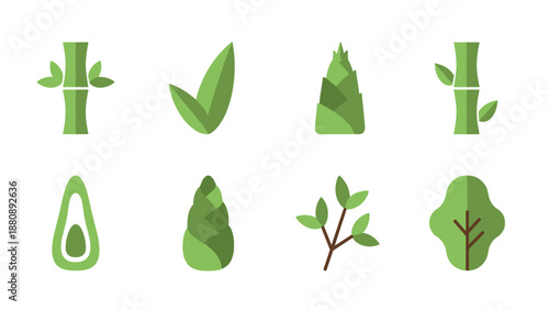 Flat design bamboo and nature elements set in green tones