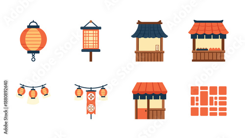 Traditional japanese market stalls and lanterns in flat design