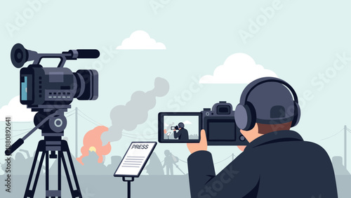 Camera crew filming news event with video camera and reporter in urban setting
