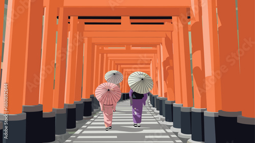 Traditional culture: women with parasols walking through torii gate tunnel