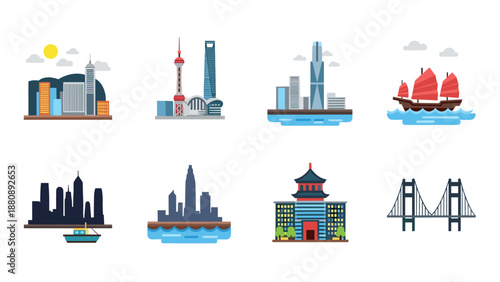 Colorful cityscapes and landmarks from around the world in modern flat design