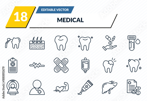medical icons set - dental drill, epidermis, tooth, liver, prescription outline vector collection.