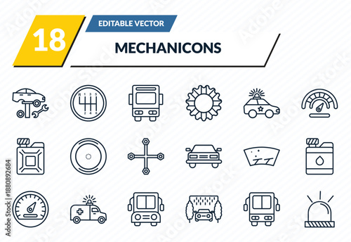 mechanicons icons set - car tire change, driving gear controls, public bus, bus front view, car beacon on outline vector collection.