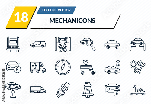 mechanicons icons set - big truck, limousine side view, repairing car, car and padlock, car crane outline vector collection.