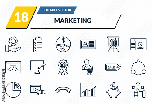marketing icons set - service, checklist, margin, pig bank, appreciation outline vector collection.
