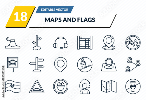 maps and flags icons set - mount fuji, vintage, ear protection, treasure map with x, no toileting outline vector collection.