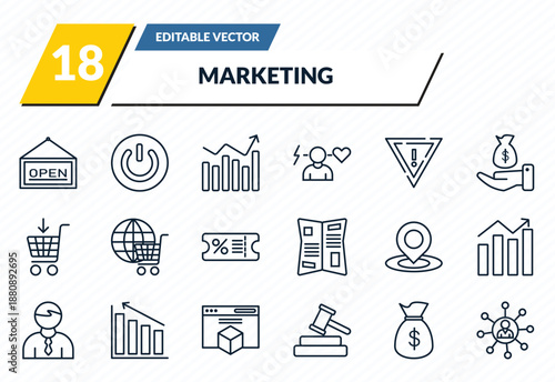 marketing icons set - open, on, performance, get money, affiliate outline vector collection.