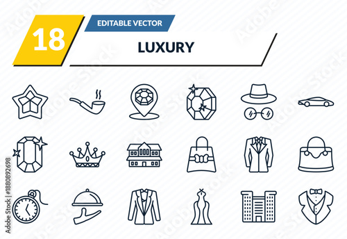 luxury icons set - stars, smoke pipe, jewelry store, resort, tuxedo outline vector collection.