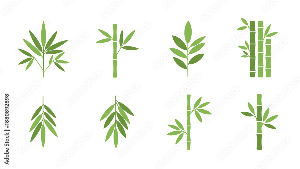 Fototapeta premium Set of green bamboo stems and leaves in flat design