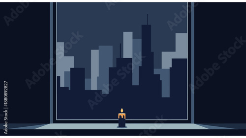 city power outage with a single lit candle on a windowsill at dark night representing resilience and urban contemplation.