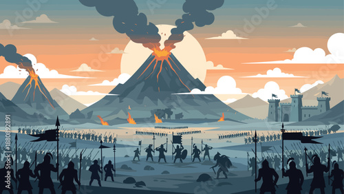 Epic medieval battle scene at sunset with volcanic eruption and castle fortress