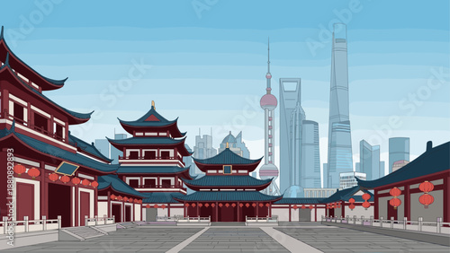 Modern skyline merging with traditional pagoda architecture in vibrant cityscape