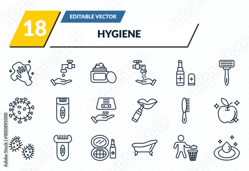 hygiene icons set - dust cleaning, scrub up, face cream, throw, purity outline vector collection.