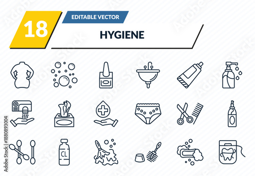 hygiene icons set - body shaming, bubbles, varnish, lather, flossing outline vector collection.