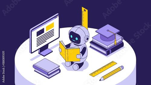 ai learning education concept featuring a charming robot diligently studying books and utilizing digital tools for future academic growth