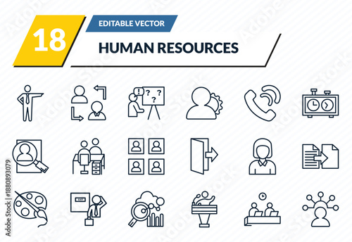 human resources icons set - boss, change personal, problems, working, skills outline vector collection.