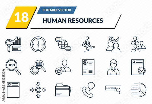 human resources icons set - analysis, time, language, searching, urgent outline vector collection.