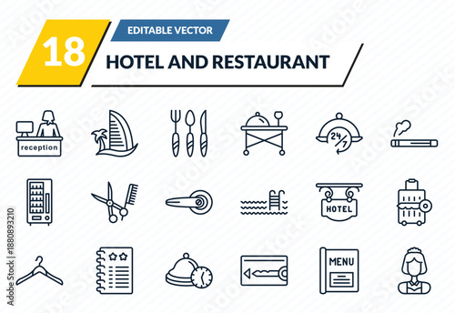 hotel and restaurant icons set - receptionist, beach hotel, cutlery, menu, servant outline vector collection.