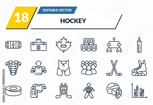 hockey icons set - ice court, medical kit, maple leaf, hockey helmet, graph bar outline vector collection.